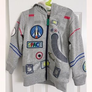 Mini Boden Kid Shaggy-lined Appliqué Hoodie Jacket, Grey Marl Astronaut,NWT